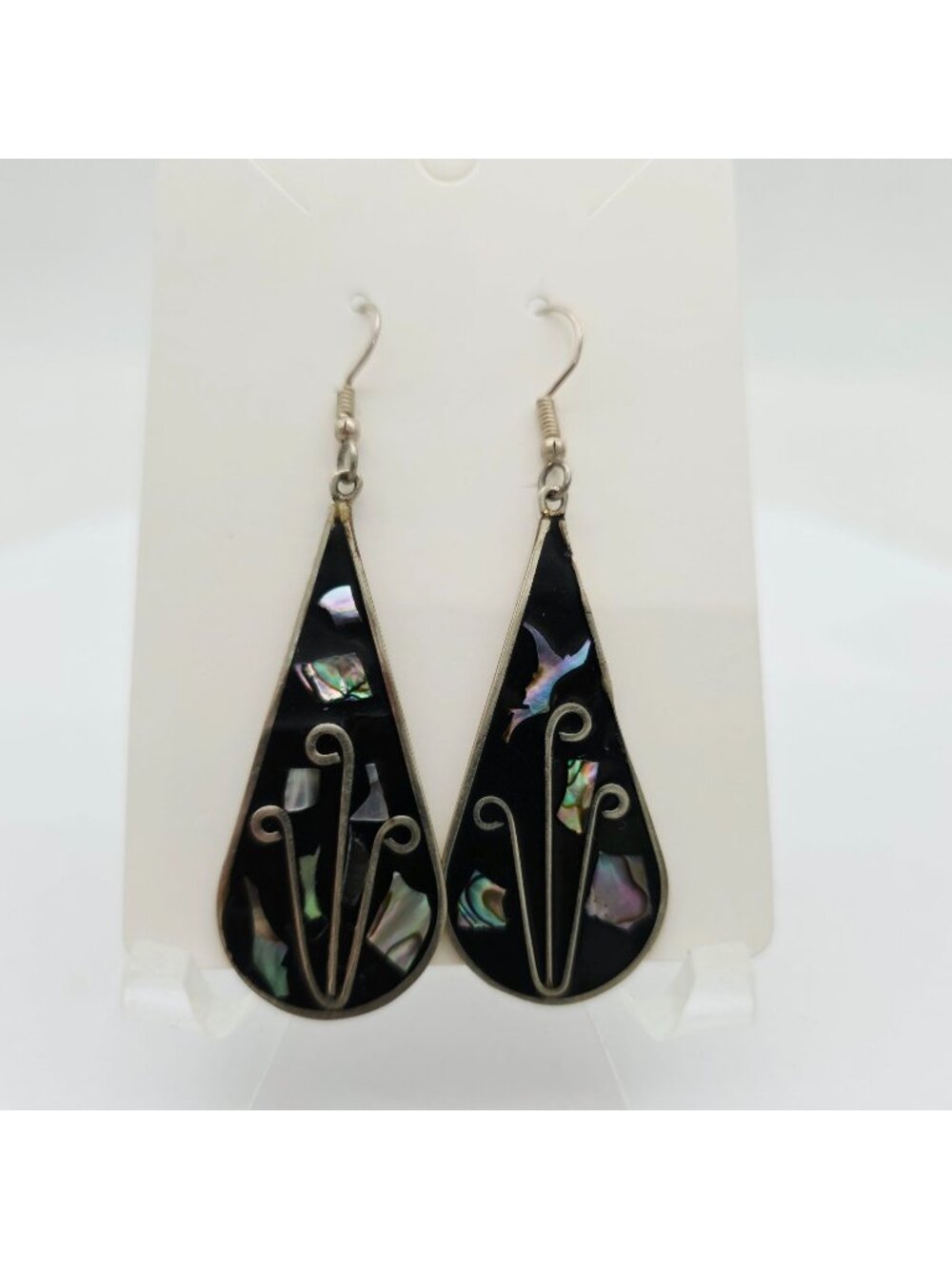 Sterling Silver Black Teardrop Earrings With Abalone Inlay & Swirl Design Vintag